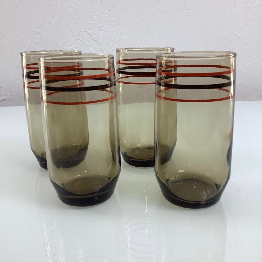 VTG MCM 1970s Smoked Tumblers Orange & Brown drinkware set of 4 EUC
